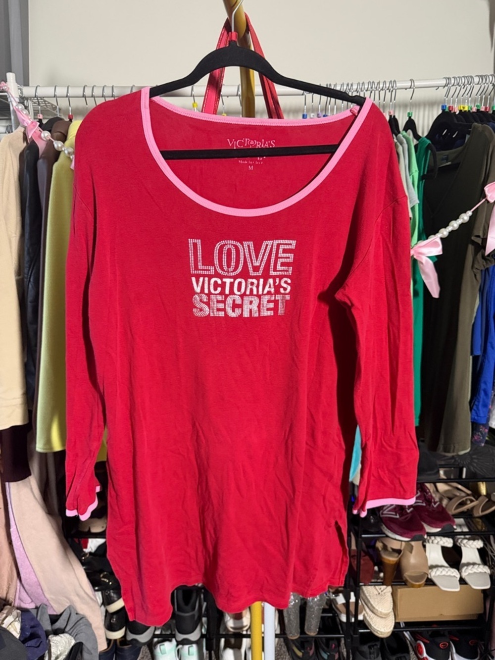 Victoria's Secret Red Long Sleeve Tee/PJ sleep top/dress size medium - Picture 2 of 7